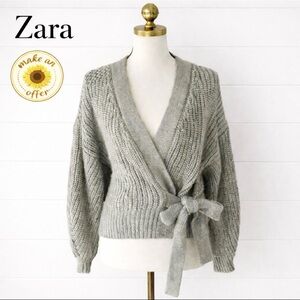 NWT Zara Pale Green Chunky Knit Wrap Sweater. Tie Belt Cozy. Women Lg.